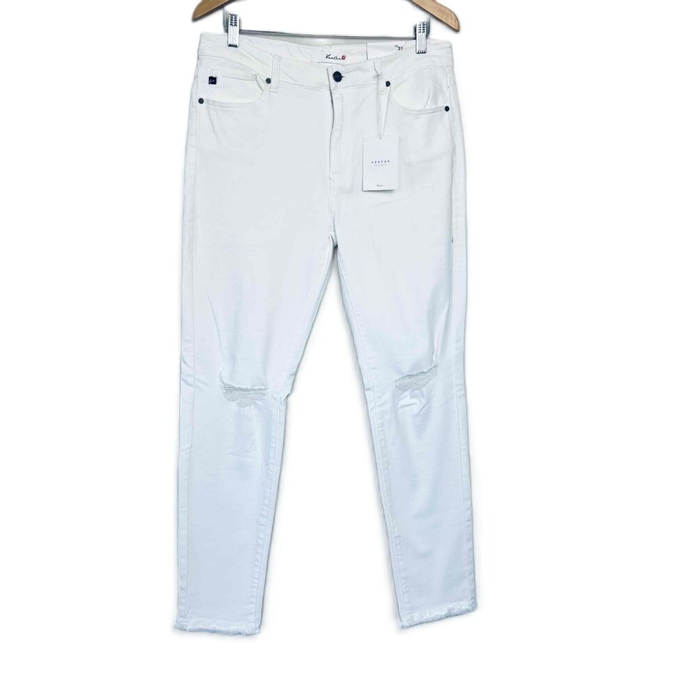 KanCan‎ High Rise Super Skinny Size 31 Jeans White Raw Hem Busted Knees NWT